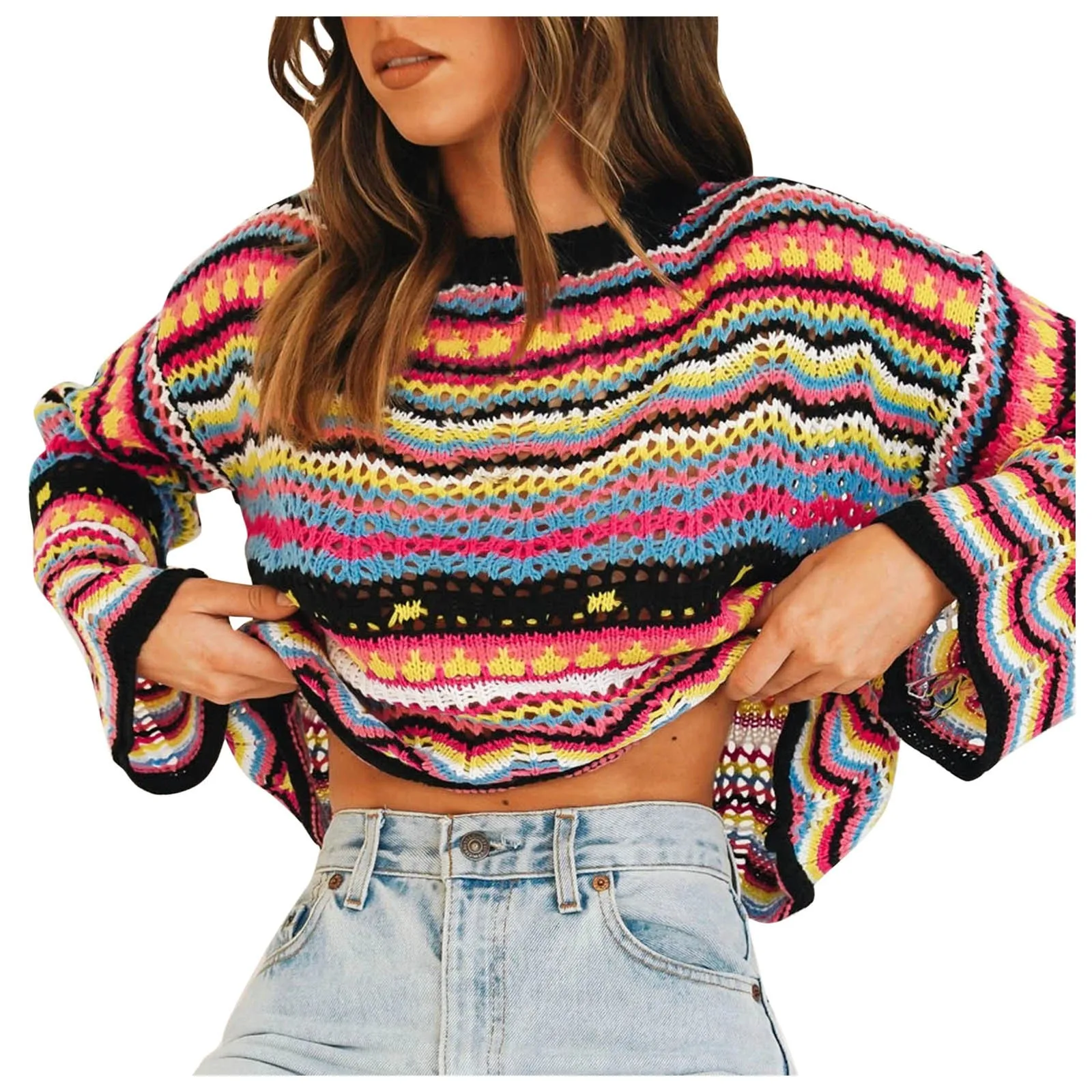 Harajuku Women Sweaters Autumn Crop Tops Long Sleeve Crochet Sweater O Neck Pullover Knitwears Korean Style Loose Jumpers свитер