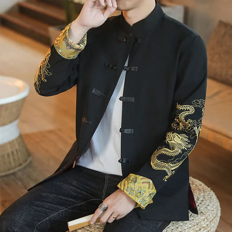 

Ele Embroidered Cotton Linen Jaet for Men with Button Design Traditional Chinese Sle Spring Autumn New Retro Dragon P...