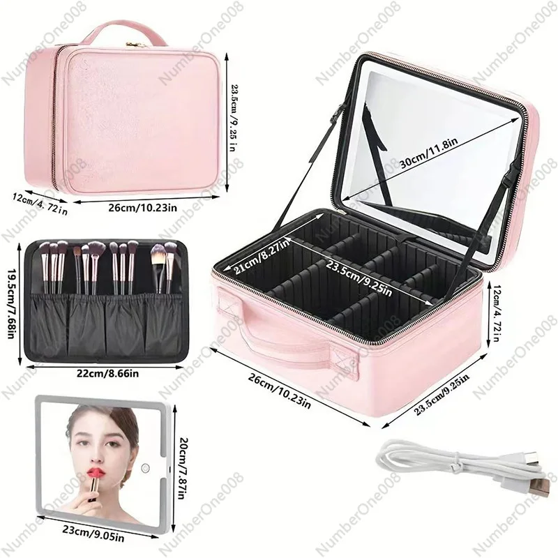 Portable PU Leather LED Cosmetic Case Large Capacity Travel Baffle Cosmetic Bag with Light with Mirror Beauty Storage Box