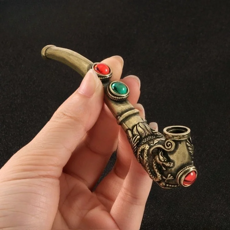 Vintage Brass Dragon Phoenix Smoking Pipe Figurines Ornament Retro Copper Carved Tobacco Pipe Miniatures Home Decoration Gifts