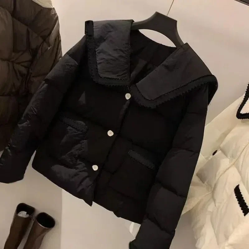 Jaket empuk pendek Korea Harajuku wanita, pakaian luar Puffer ringan ukuran besar musim dingin hitam berlapis