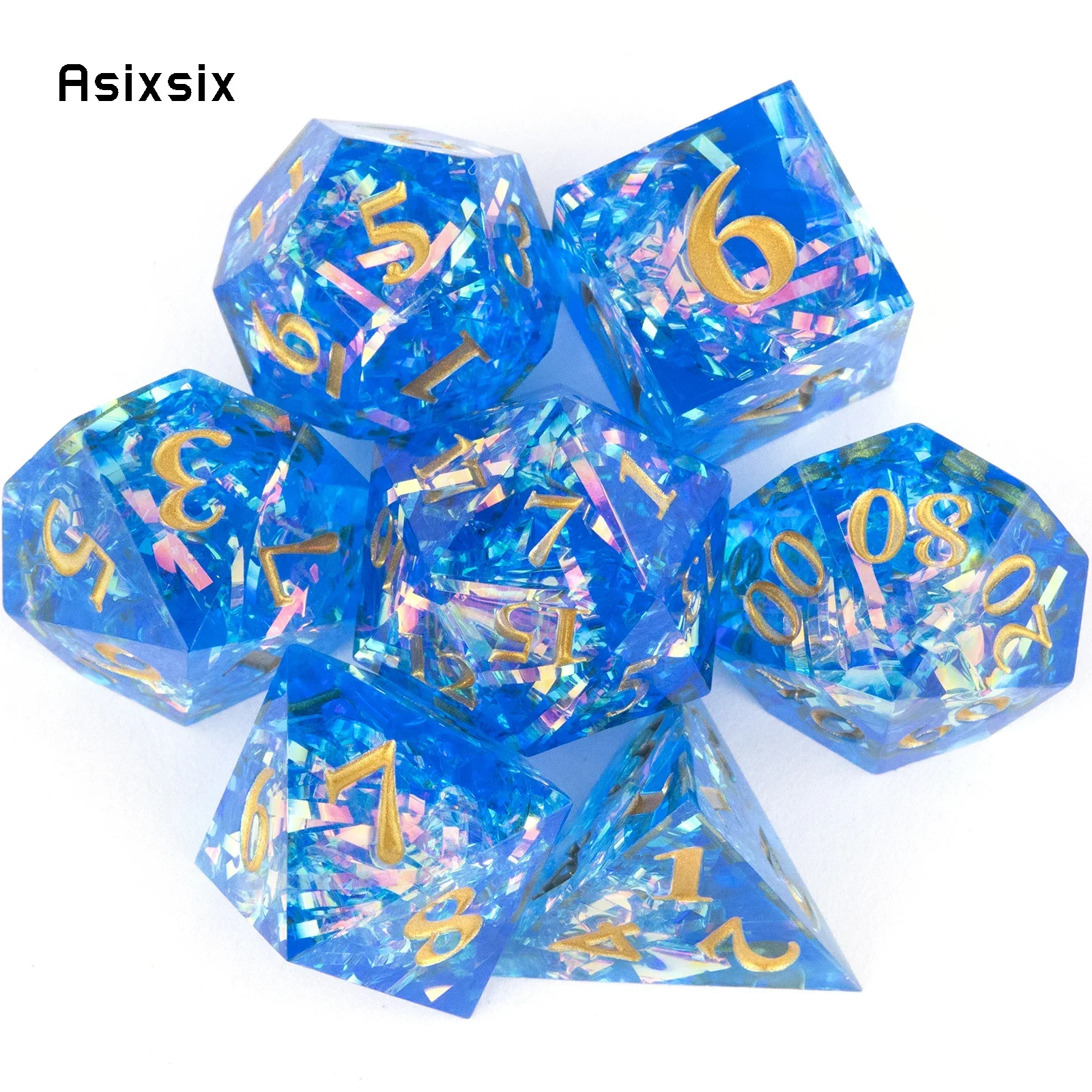 

RESIN Dice, Perfect For Tabletop Rpgs And Card Games 7 Pcs Blue Resin Golden Number Sharp Edge Dice Polyhedral Dice Suitable For