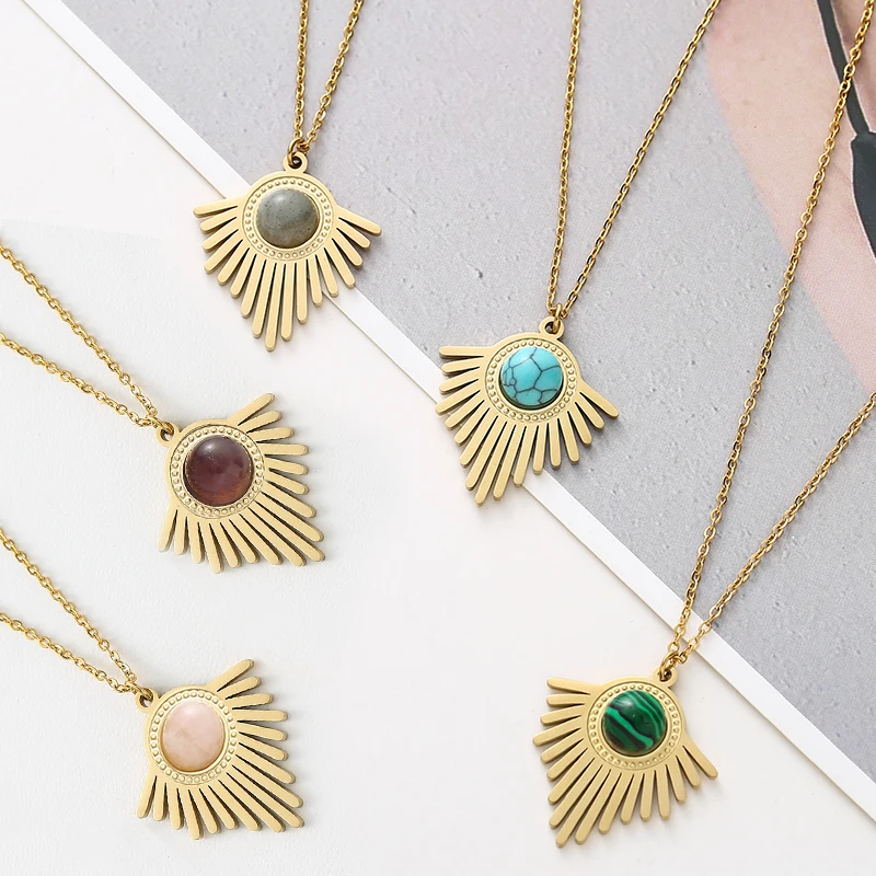 Bohemia Geometric Triangle Natural Stone Pendant Necklace for women Fashion Stainless Steel Oval Charms Jewelry Making Wholesale
