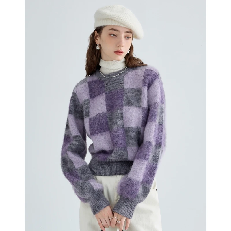 

Women's Clothes Purple Sweater Lattice Color Contrast Fashion Vintage Lazy Wind Winter Female Knitting Long Sleeves Pullover