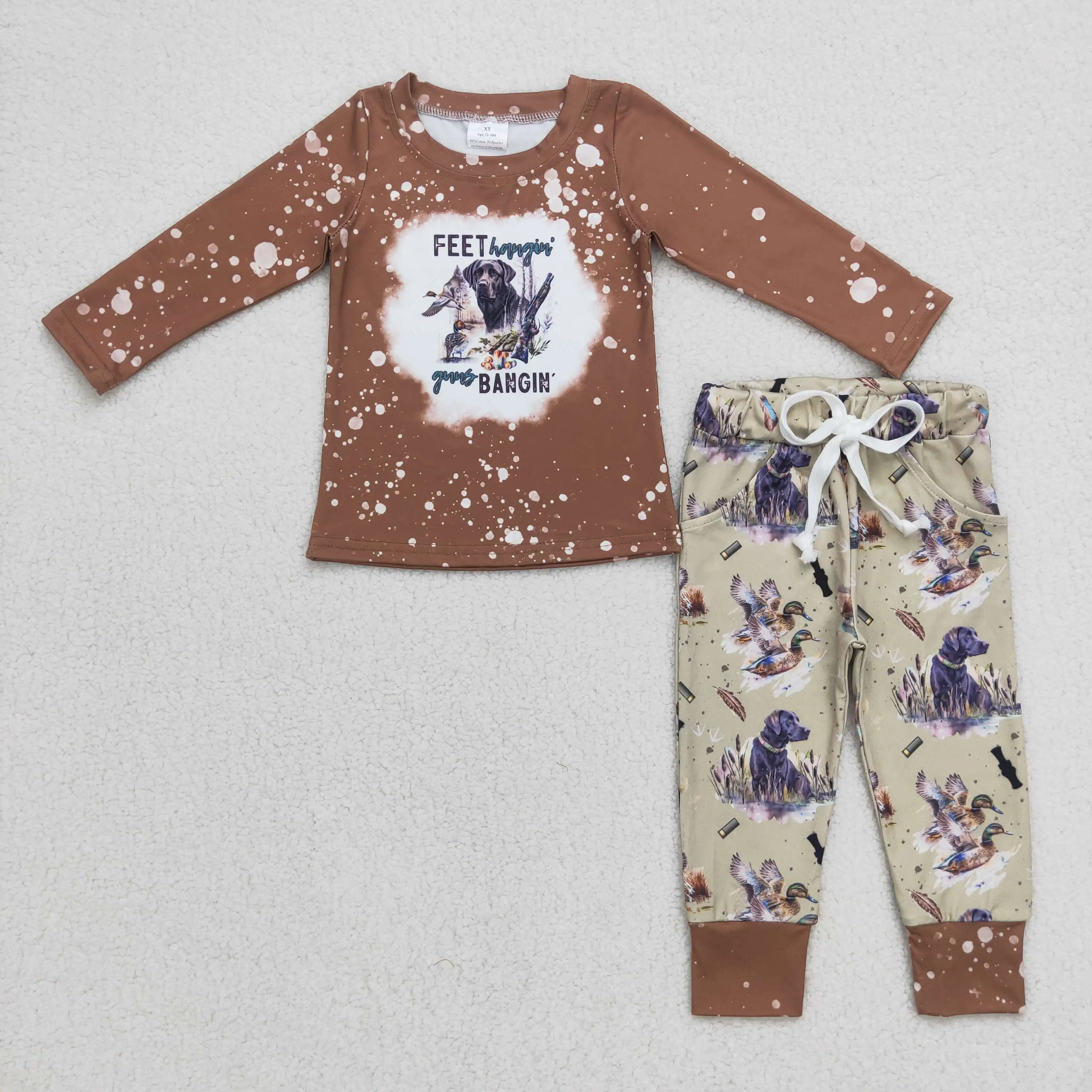 

Wholesale hot sale Children's Clothing Hunting puppy brown long-sleeved gray pantsuit pajamas outfit baby boys clothes