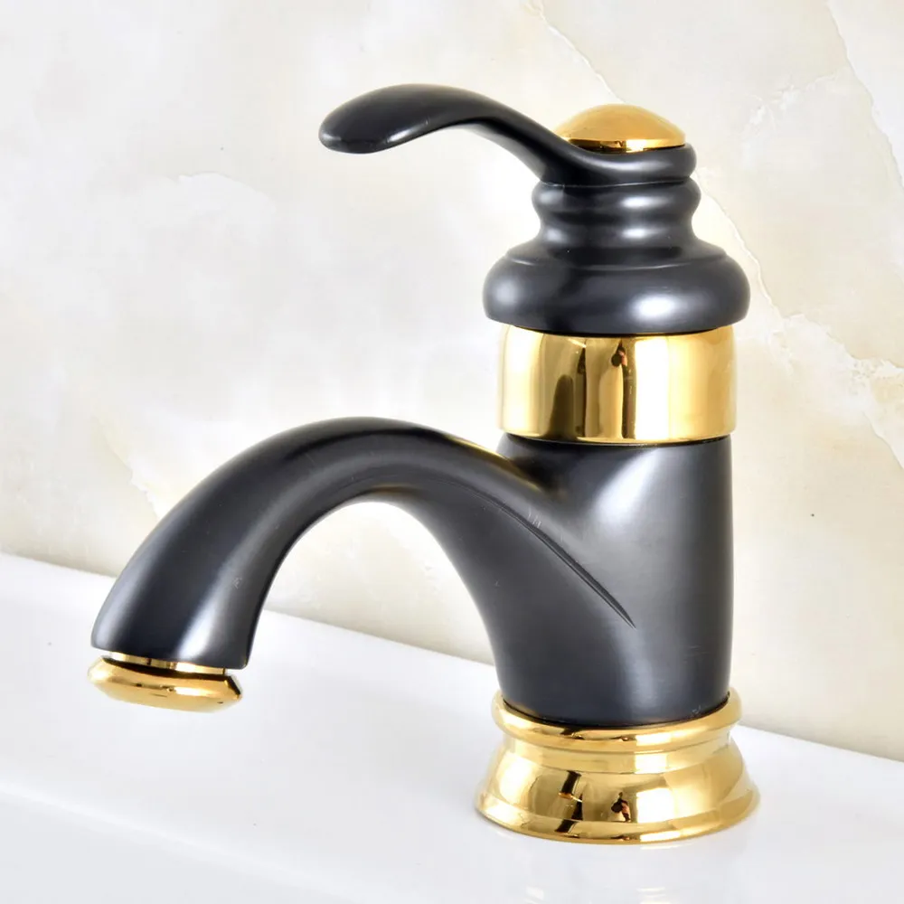 

Oil Rubbed Bronze Black & Gold Brass Bathroom Faucet Basin Sink Faucets Single Handle Hot&Cold Water Mixer Tap Lnf303