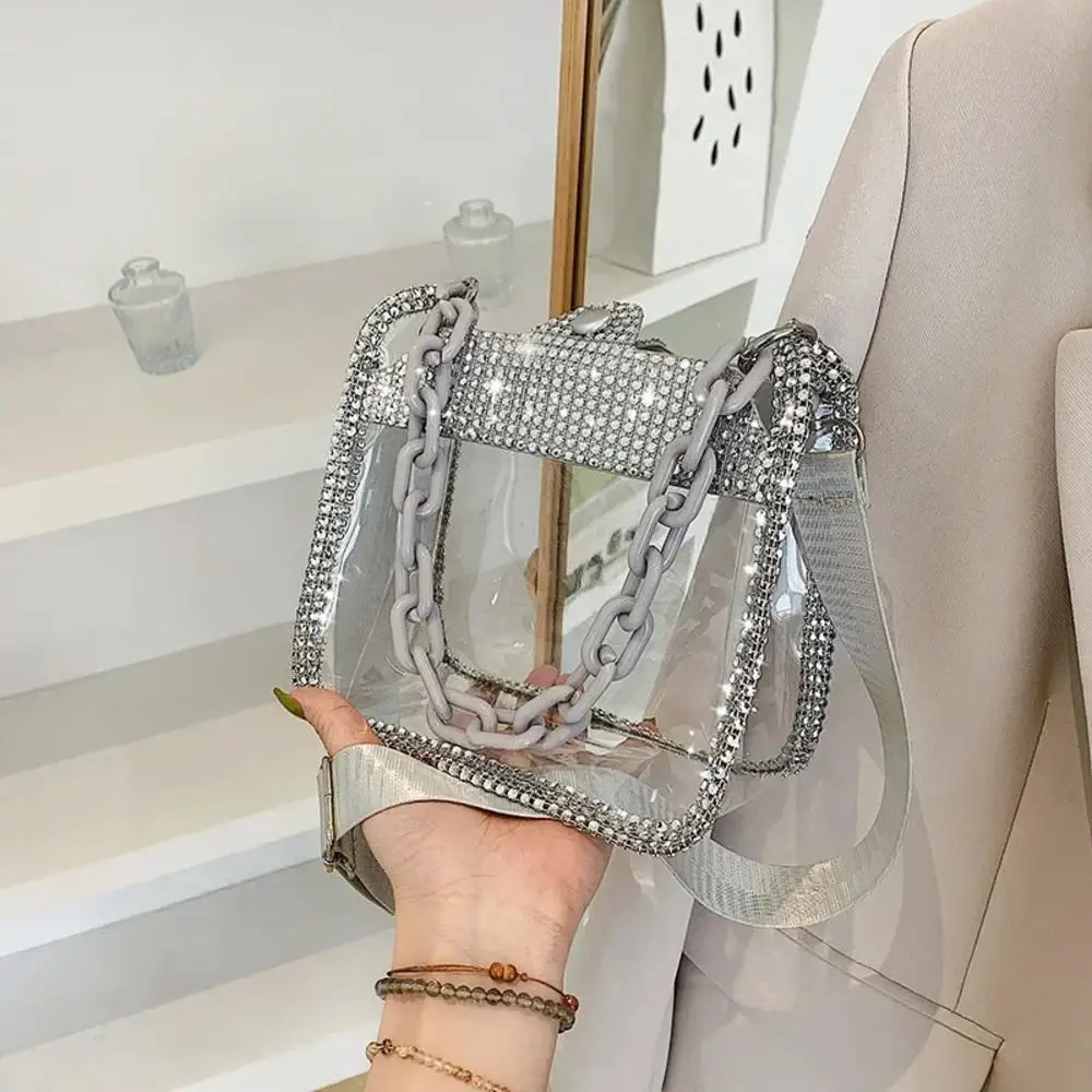 

Transparent Rhinestone Shoulder Crossbody Bag for Women's PVC Thicken Chain Purse Handbags Ladies Fashion Beach Jelly Totes Bag