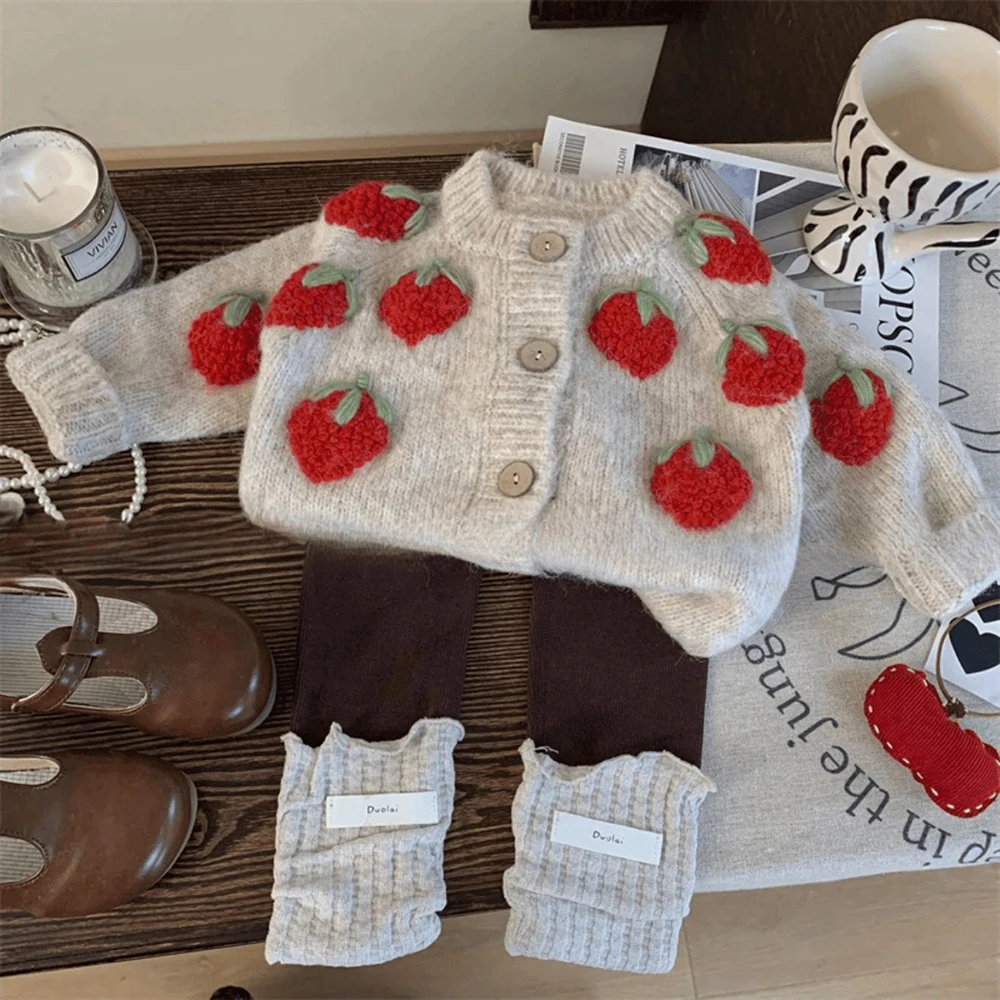 Kids Girls Strawberry Sweater Suit Autumn Winter Cute Single Breasted Knitted Cardigans Coats+Leggings 2Pcs Children Clothes Set