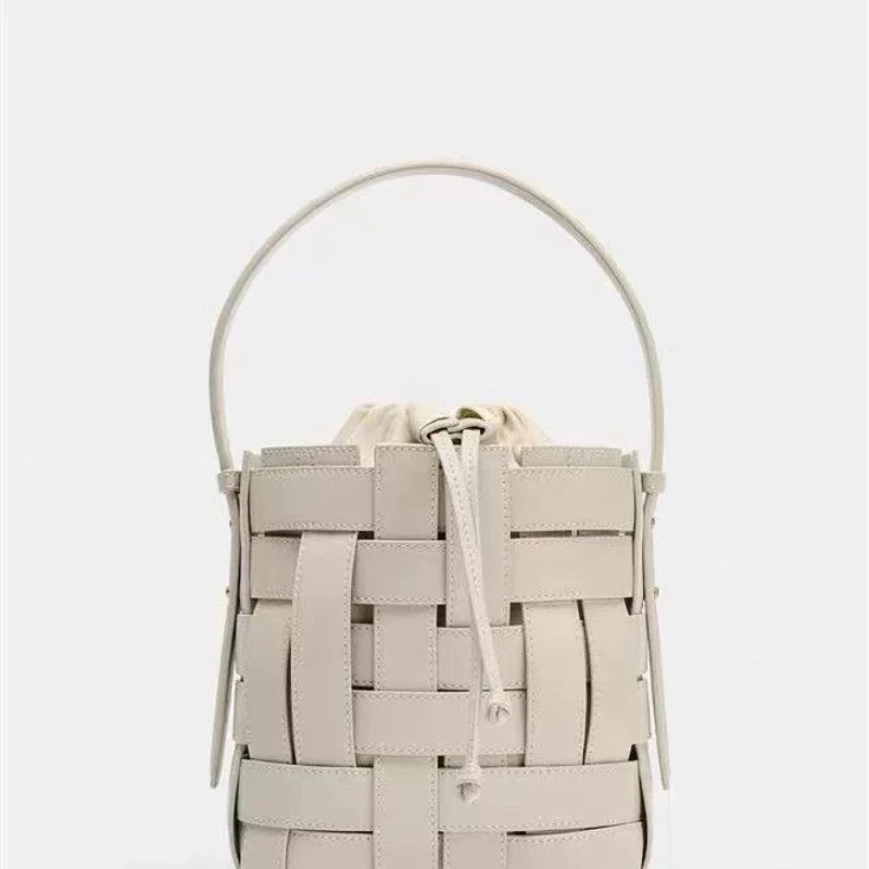 Black Coffee Brown White Woven PU Leather Bucket Bag Drawstring Top Handle Shoulder Crossbody Contrast Stitching Women Handbag