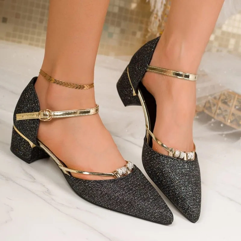 

Women Classic Sexy Party Wedding black Square Heel Shoes Lady Casual Golden Comfort Pumps for Night Club Office Work Shoes 41 42