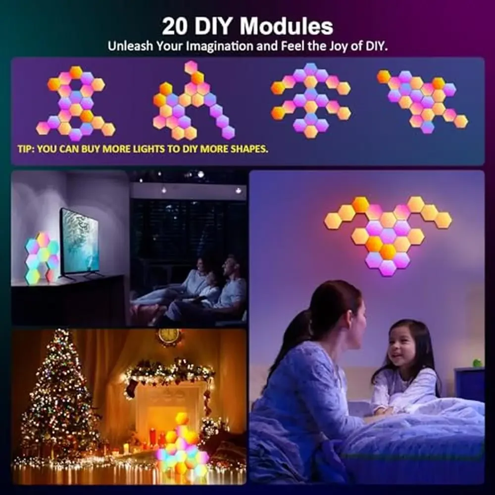 Panel de juegos de sincronización de música de pared con luces hexagonales RGB, aplicación inteligente con Control remoto, paneles modulares en forma de panal, USB multiescena DIY