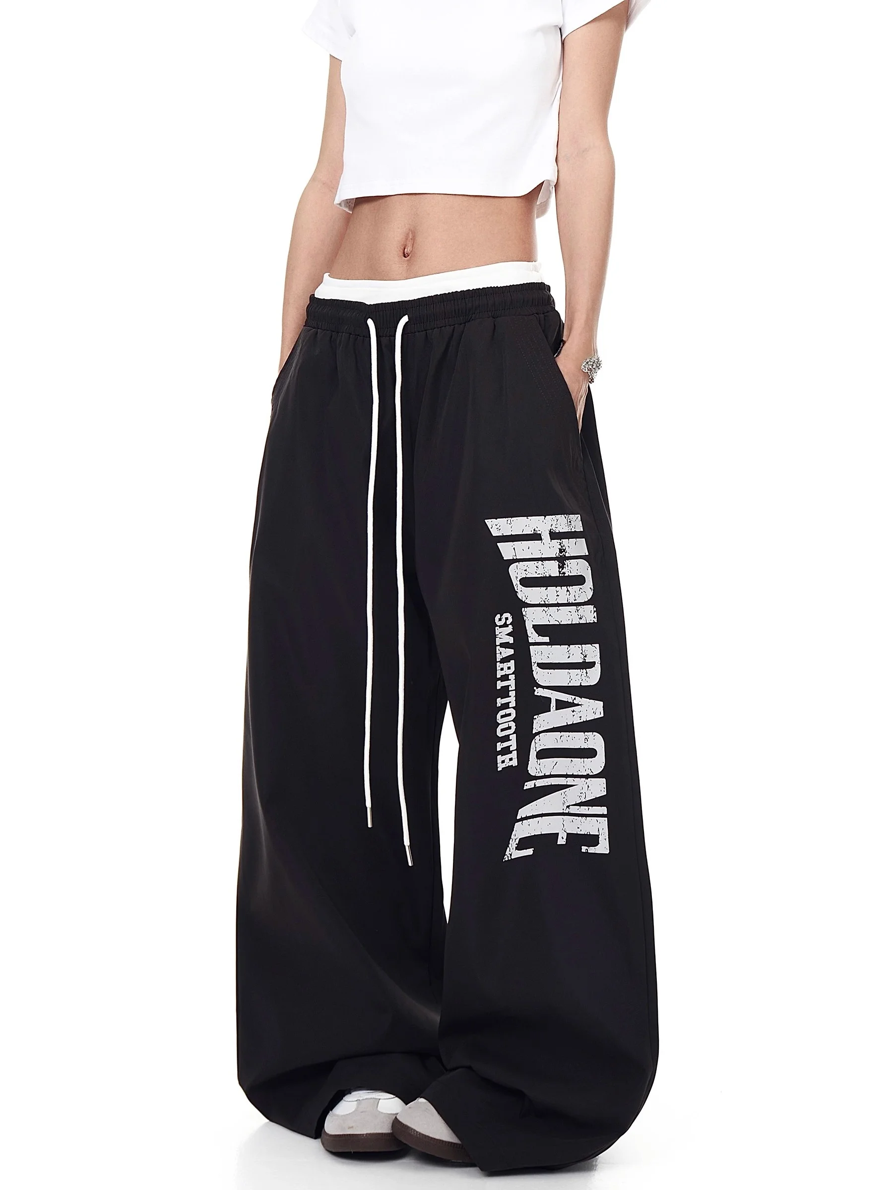 Retro American Printed Loose Casual Pants High Waist Jazz Dance Women's Sle Splicing Wide Leg Floor Length Trousers