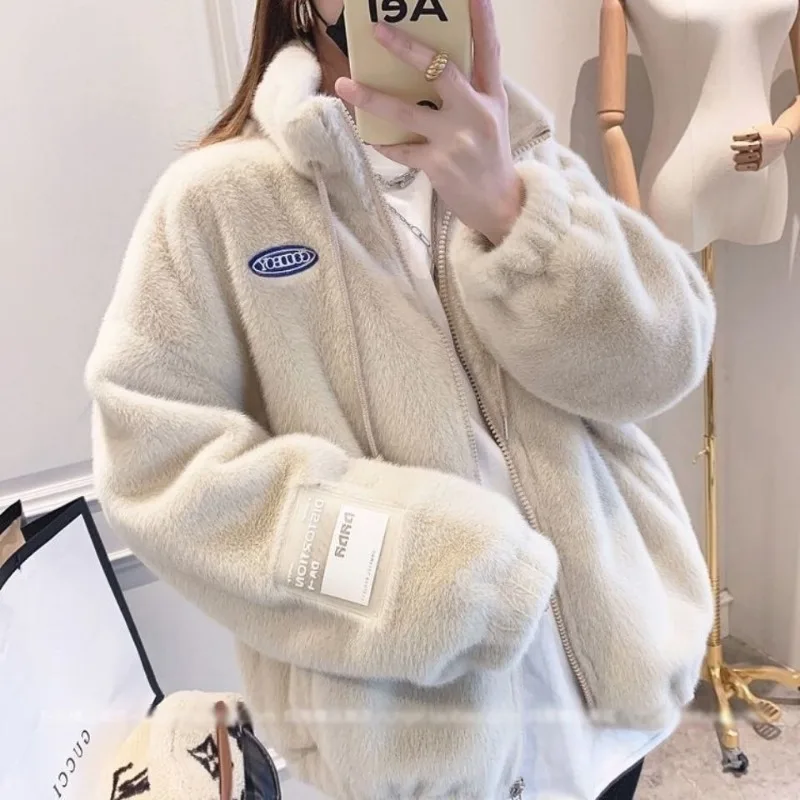 2023 New Women Faux Fur Coat Winter Loose Thicken Warm Outwear Imitation Mink Stand Collar Short Cotton Jacke Fashion Casual Top