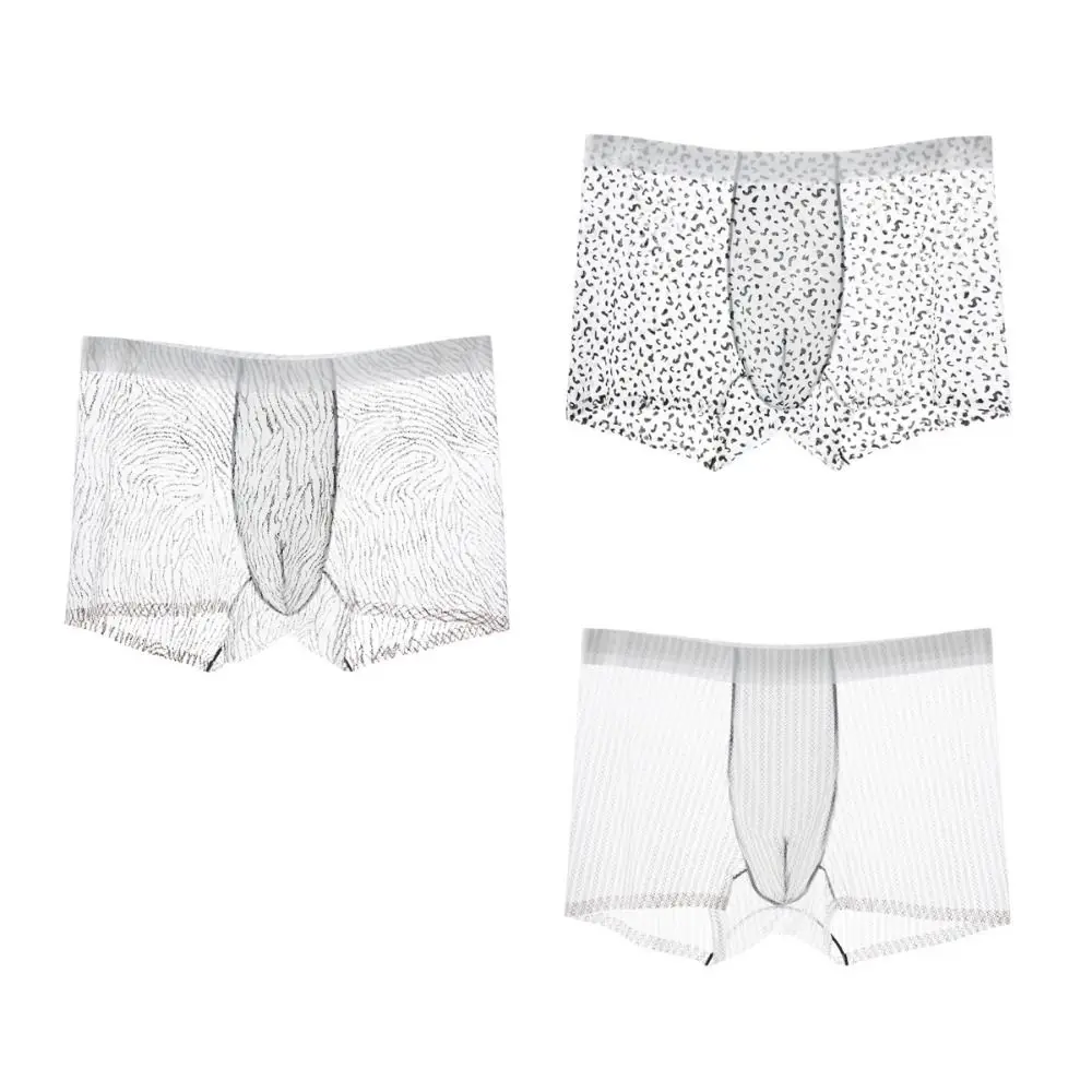 심플한 얇은 아이스 실크 복서 브리프 스트라이프 시스루 레오파드 프린트 속옷 통기성 시원한 느낌의 일상용 팬티