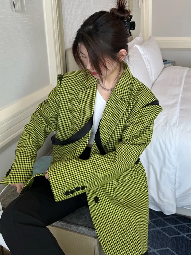 Vrouwen Groene Plaid Big Size Casual Blazer Nieuwe Revers Lange Mouwen Losse Fit Jas Mode Tij Voorjaar herfst 2022