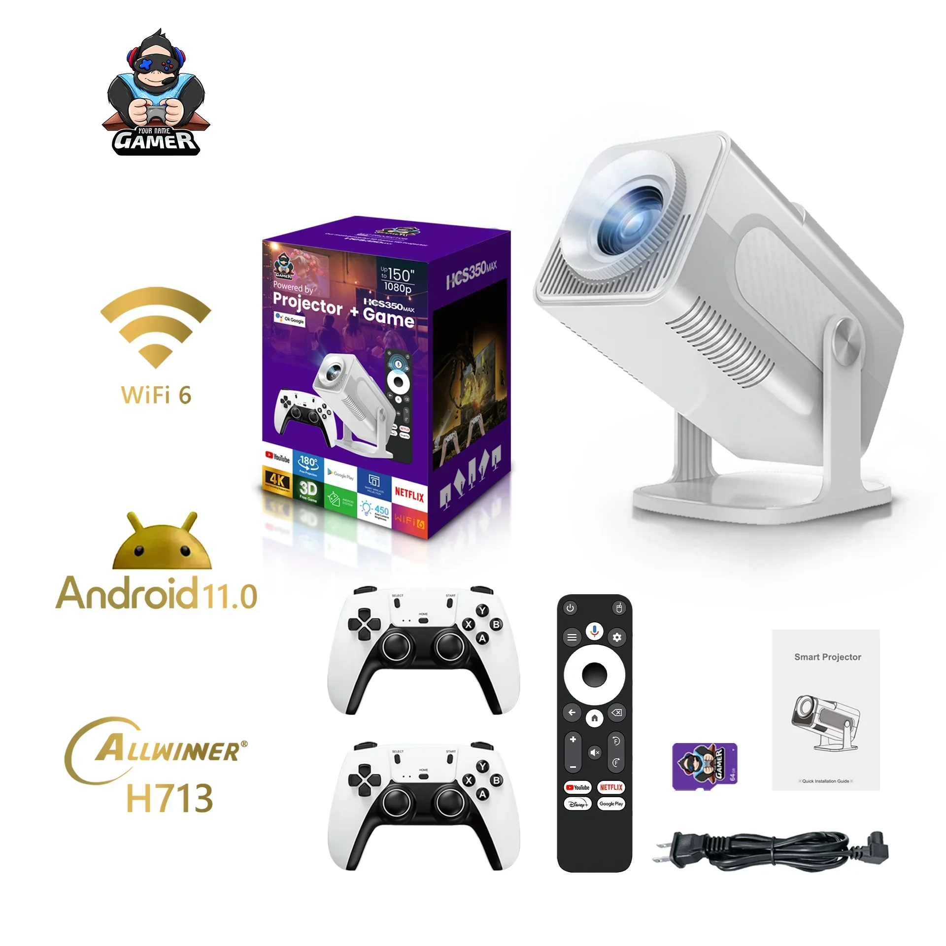 New HCS350Max Projector Wireless Bluetooth with Game Controller Projection HD Support Android 11 Smart Game Console