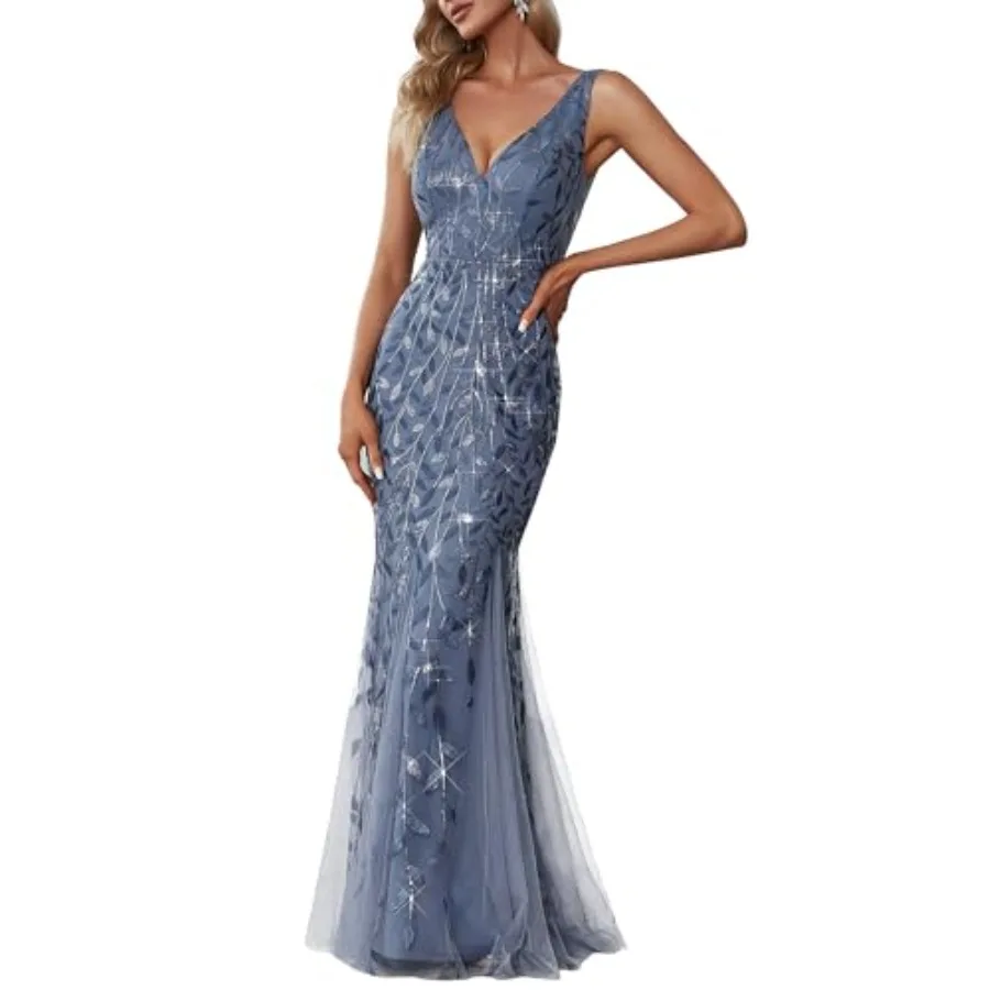 Ever-Pretty Women's Sequin Formal Dress Double V-Neck Sleeveless Mermaid Long Evening Prom Dresses 07