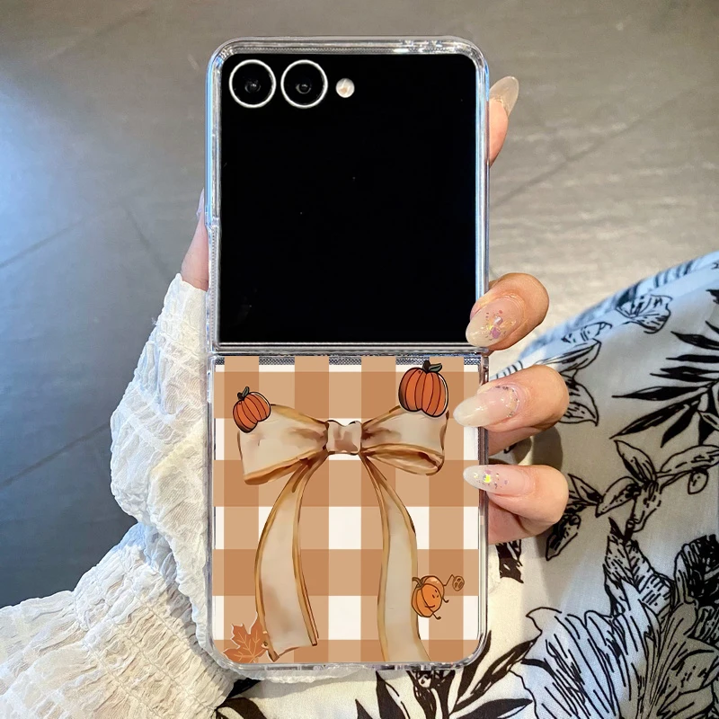 Bow Pumpkin Pattern Phone Case For Samsung Galaxy Z Flip 8 7 FE 6 5 4 3 5G Hard PC Clear Folding Cover For Samsung Z Flip7 Flip8
