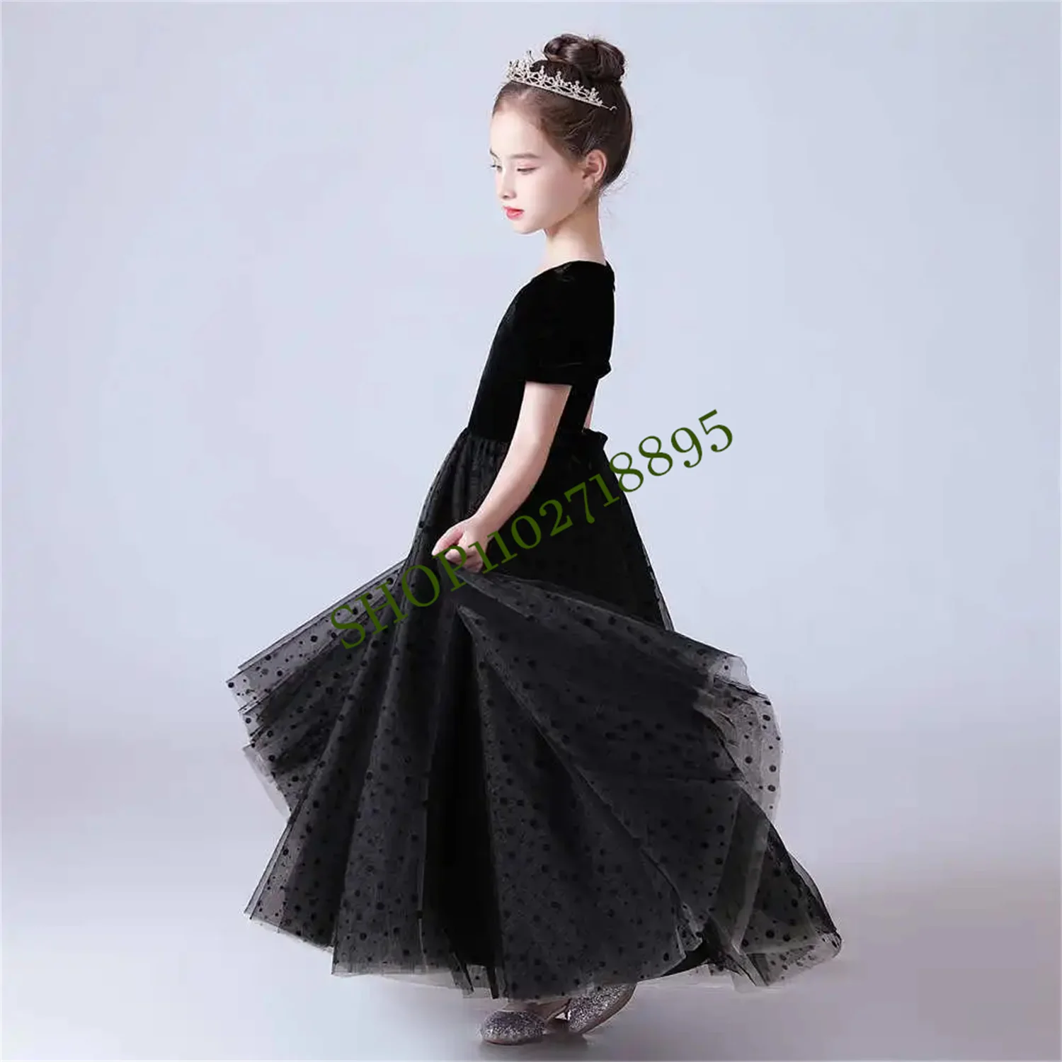 

Polka dot Tulle Bridesmaid Dresses Puff Sleeves Flower Girl For Wedding O Neck Kids First Communion For Teens