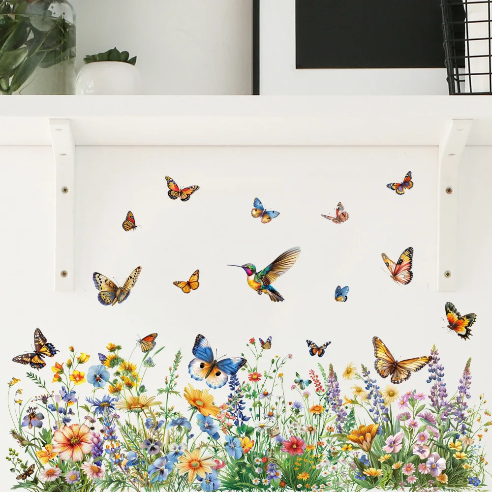 Hummingbird & Butterfly Wildflower Wall Decals, Floral Meadow Peel and Stick Stickers for Living Room, Bedroom, Kitchen Decor