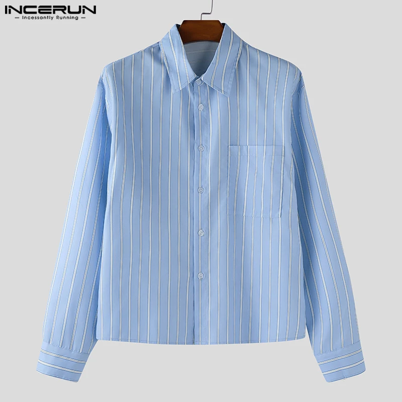 

INCERUN Мужская полосатая рубашка с лацканами и длинными рукавами на пуговицах, осенняя повседневная мужская одежда, свободная уличная одежда 2025 года, модные рубашки в корейском стиле
