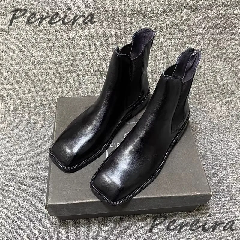 Autumn Winter Trendy Men's Chelsea Boots British Square Toe Genuine Leather Back Zipper Short Boots Party Banquet Dress Shoes