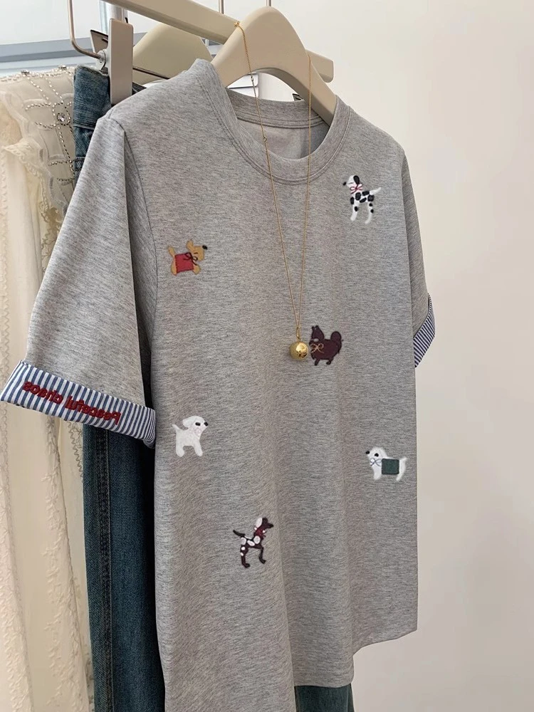 한국 스타일 안티에이징 만화 강아지 스플라이싱 반팔 티셔츠 유니섹스 여름 디자인 심플 매치 숄더 트렌디 탑