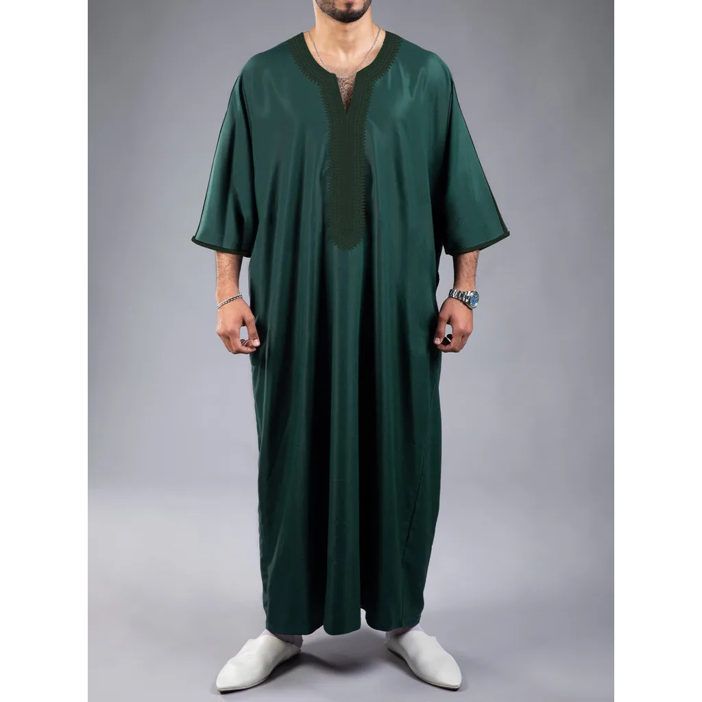 

2025 Ramadan Middle East Solid Color Muslim Half Sleeve Embroidery Ethnic Style Morocco Men'S Robe