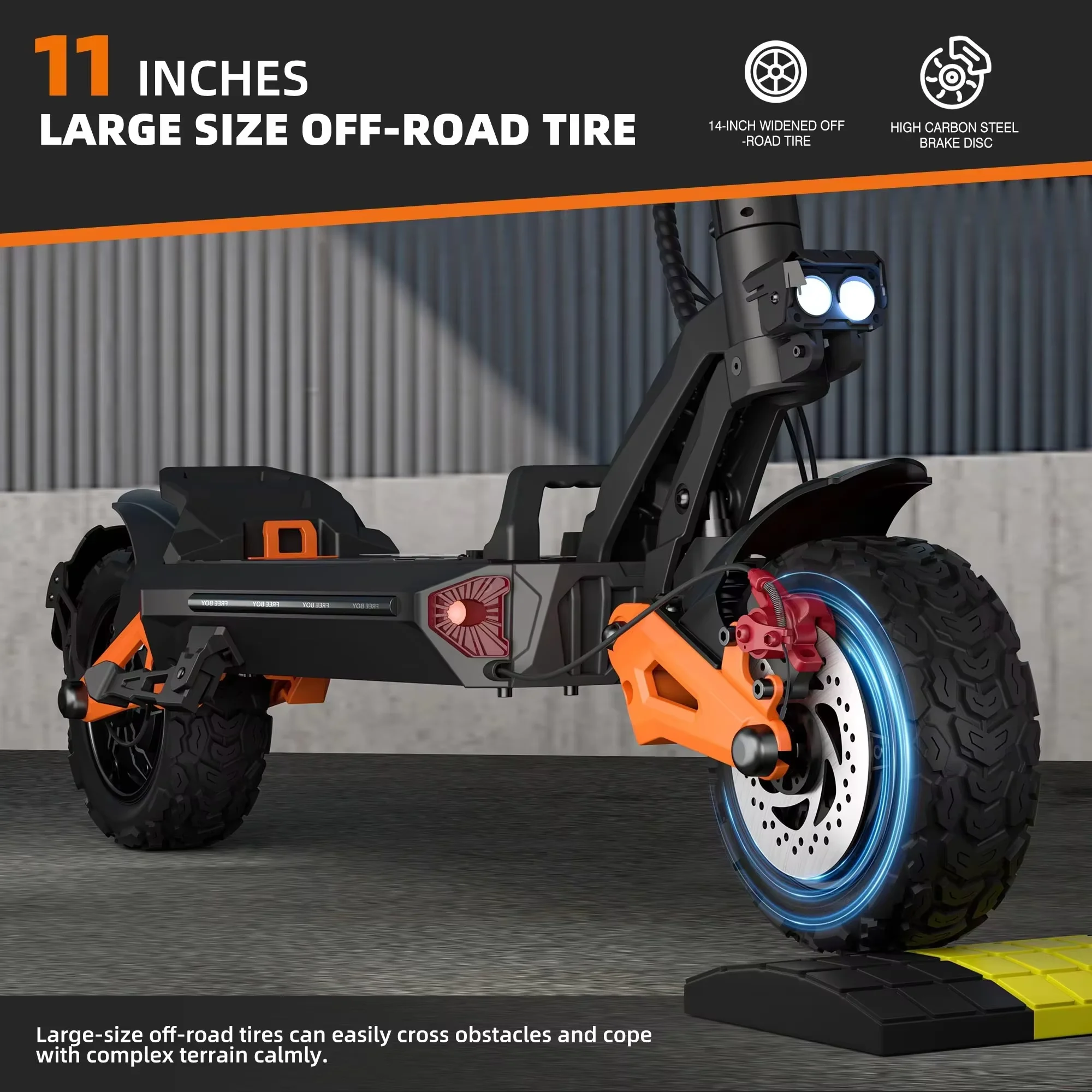 

Dual suspension electric scooter with 11 inch off-road tires and front and rear suspension for high performance electric scooter