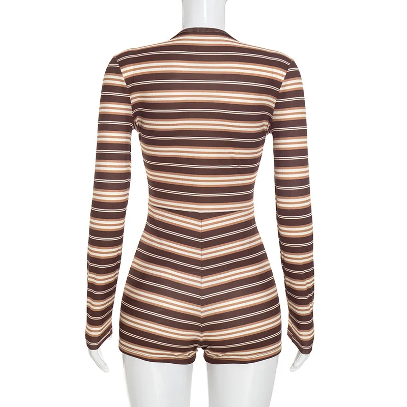 JENYAGE Damen Gestreifter Gerippter Romper mit Tiefem V-Ausschnitt, Langen Ärmeln, Figurbetonter Kurzer Overall, Sexy Club-Outfit, Brauner Streifen, Einteiliger Playsuit – Detail 10