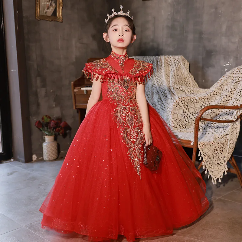 Classic Red Dress For Girls China-Chic Show Children High-end Luxury Dresses Fashion Prom Model Gorgeous Formal Slim Fit Gowns