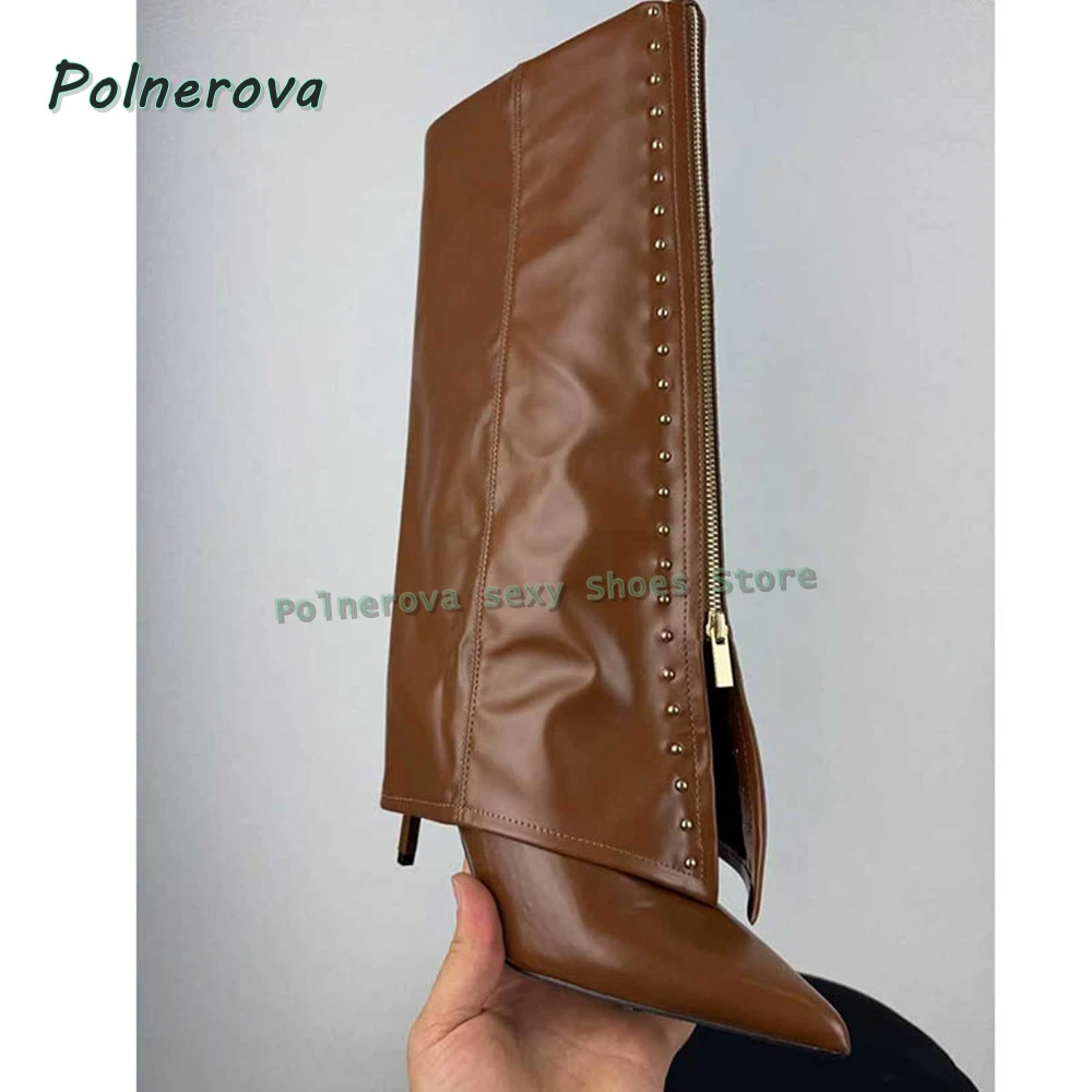 البني سستة الديكور كم الأحذية أشار تو الكعوب رقيقة برشام المرقعة النساء حذاء برقبة للركبة 2025 الخريف نمط جديد الشتاء