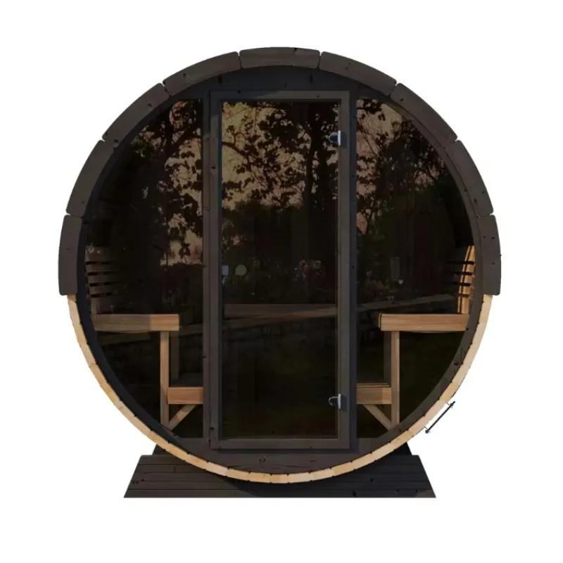 Custom Outdoor 2-4 Person Solid Wood Barrel Sauna, Panoramic Glass Window Traditional Steam Sauna Room with Wood Burning Stove