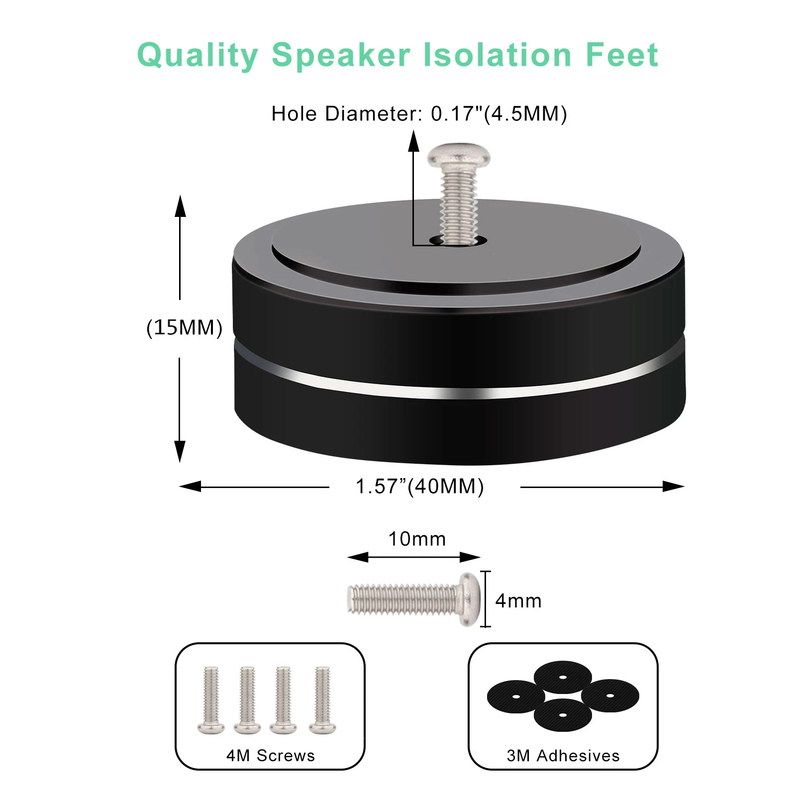 Alumínio HiFi Turntable Isolamento Pés Stand, alto-falantes Spikes, Audio Pads, Amplificador, Alto-falante, Turntable, 40mm * 15mm, 4Pcs