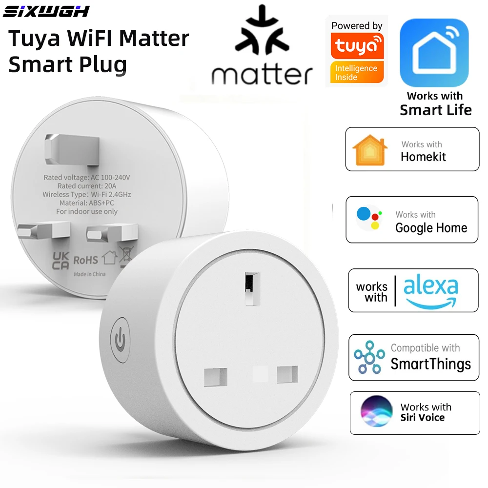 20A Tuya WiFi Matter Smart Socket UK Plug with Energy Monitor Compatible with Smart Life App Homekit Siri Alexa Google Home