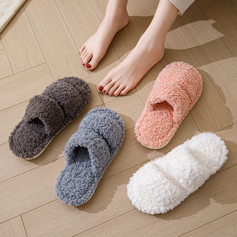 Ins Parallel Bar Plush Cotton Slippers Home Curly Fur European and American Indoor Open Mouth Plush Slippers for Women