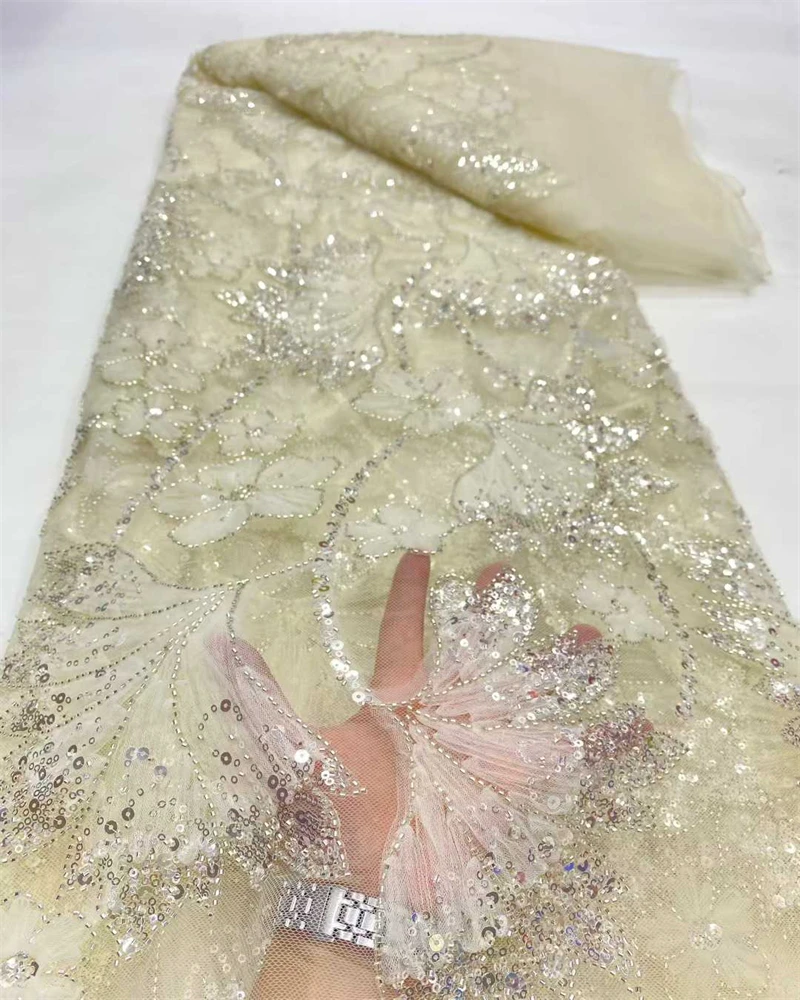 African Luxury Beaded Sequins French Tulle Lace Groom Embroidery High-End Wedding Fabric for Sewing Latest Style