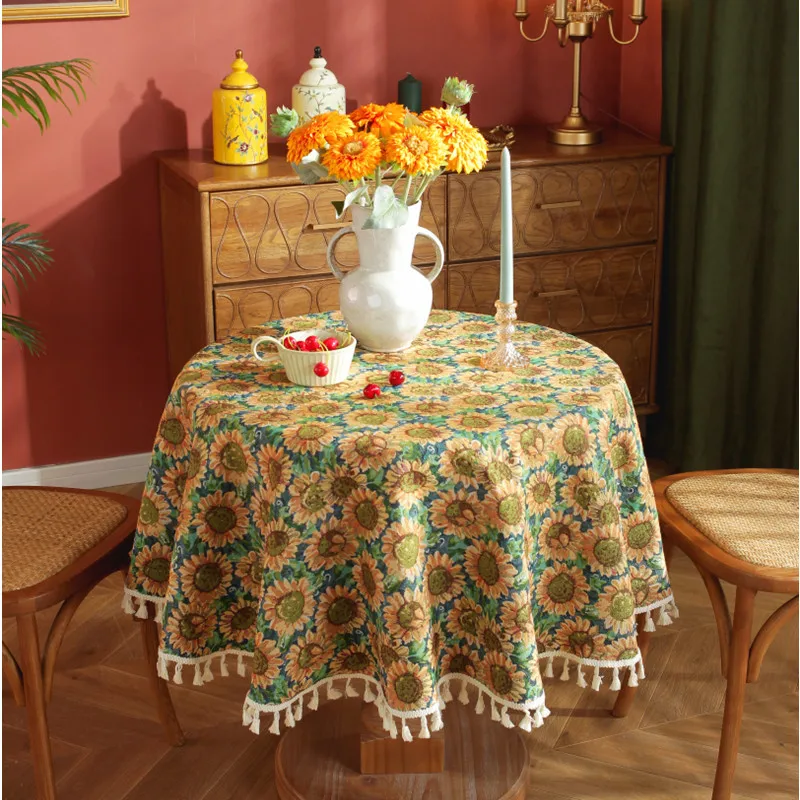 

Bohemian Round Tablecloth Geometric European Retro Jacquard Table Cloth Tassel Table Cover for Dining Banquet Party Decoration