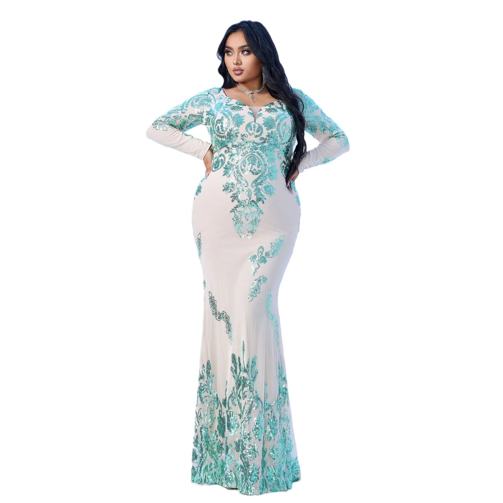 ชุดราตรีทรงเมอร์เมดแบบยาว ไซส์พลัส คอวี ผ้าคลุมไหล่  ชุดออกงาน ชุดทำงาน กระโปรงแบบพันรอบ