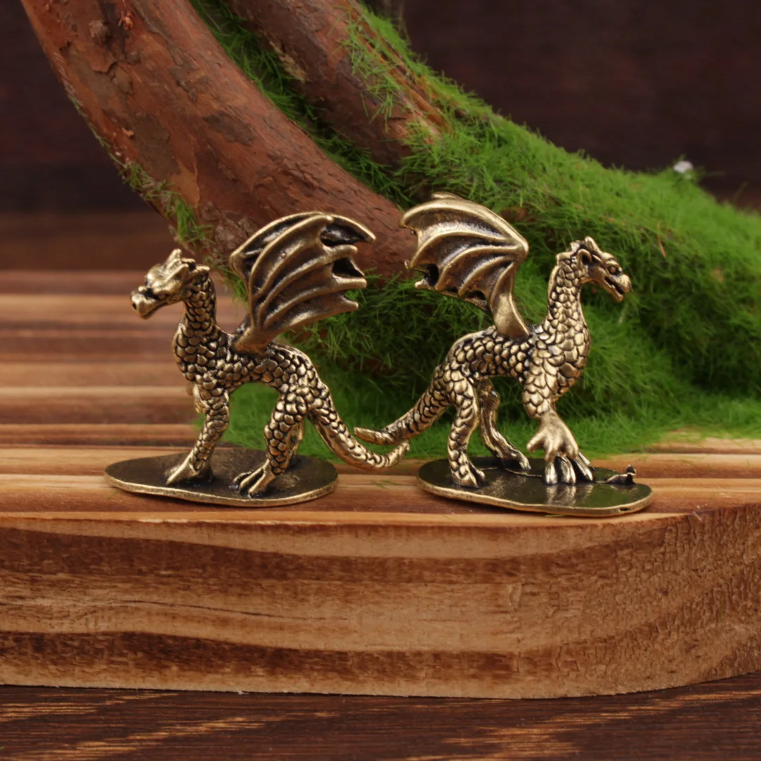 2 Pcs Vintage Brass Pterosaur Dinosaur Figurines, Antique Finished Tea Pets, Desk Ornaments for Office