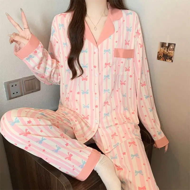 Women's Pajama Set Long Sleeve Long Pants Lapel Collar Bow Print Striped Pyjamas Sleepwear Button Down Sweet Loungewear Homewear