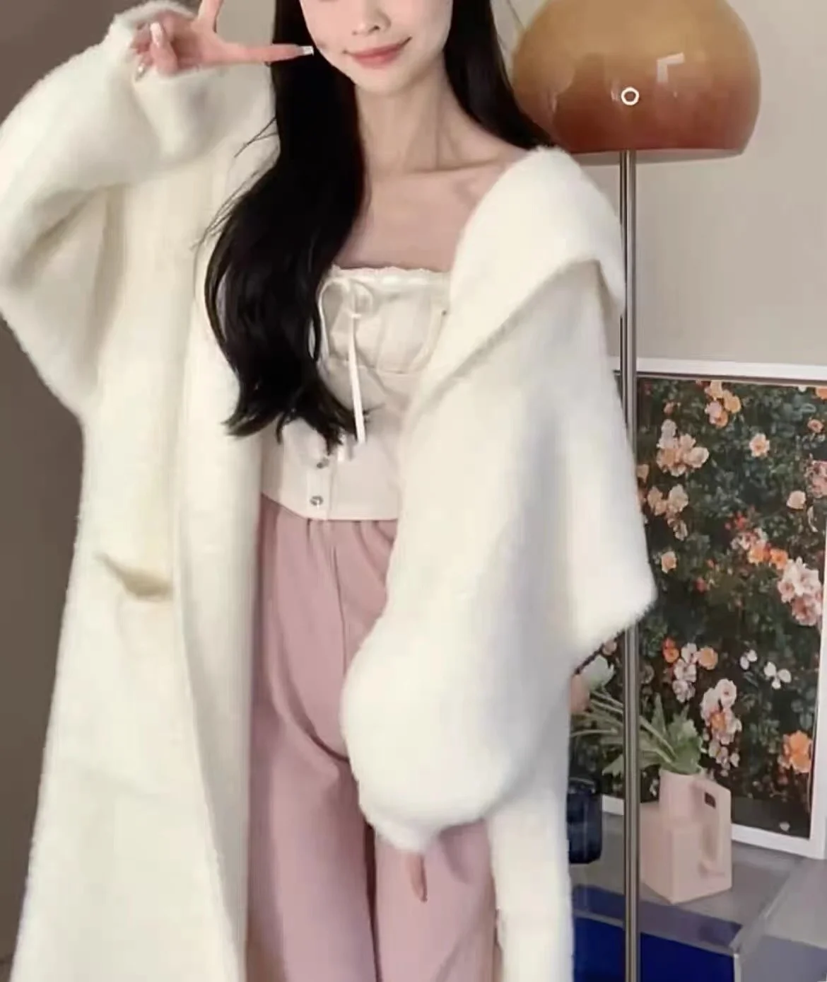 Ladies Long Knitted Open Cardigan Hooded Mink Simulation Loose Lazy Sweater Korean Sle Warmth Fall Winter Faion Commute S...