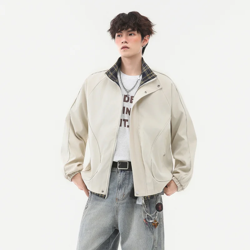 

GIOIOM's Jacket, весна-осень 2022, новый стиль, воротник-стойка, клетчатая свободная повседневная мужская куртка с цветными блоками, мужская одежда