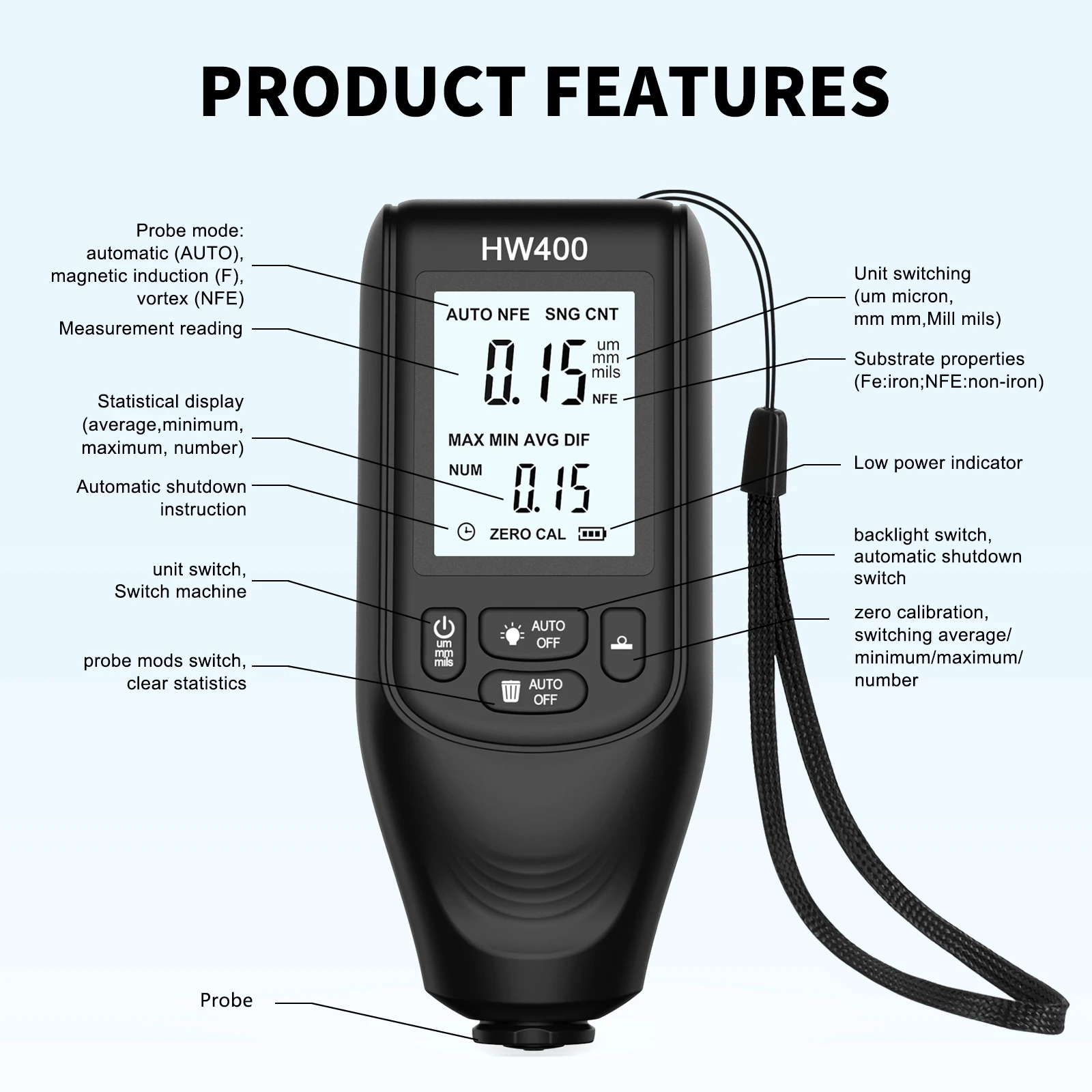 HW400 Car Coating Thickness Gauge 0.1micron/0-2000um Car Paint Film Thickness Tester Measuring Tool Fe & NFe Coating Meter