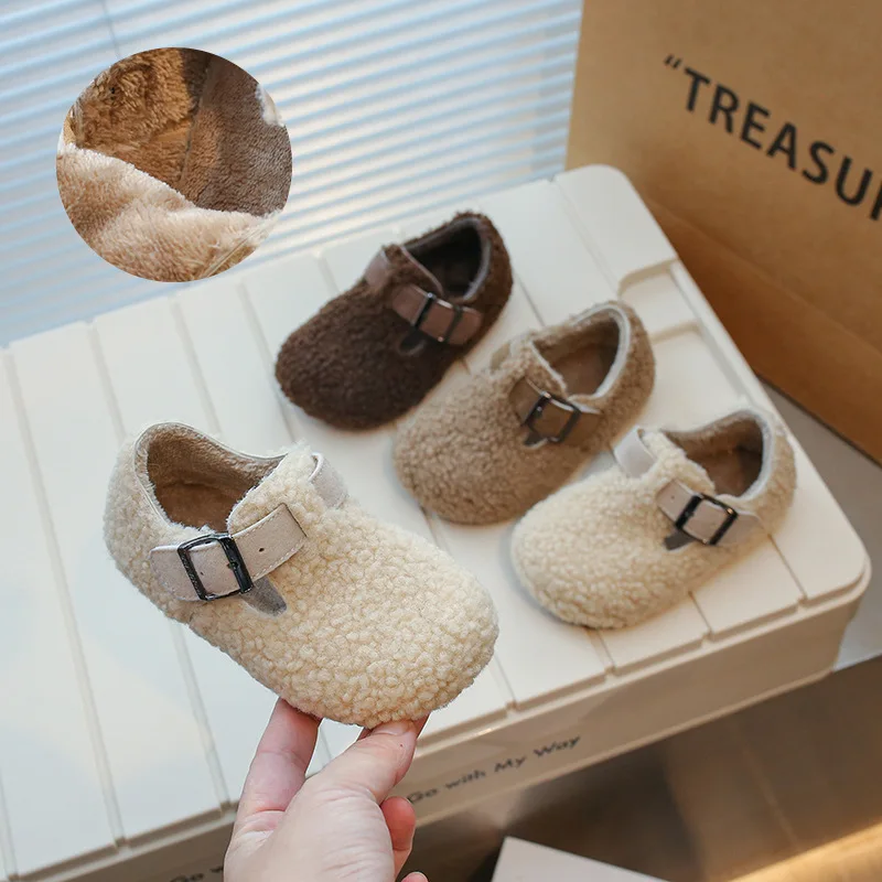 

2024 Winter New Children Plush Flats for Girls Boy Keep Warm Fashion Korean Style Soft Bottom Anti-slippery Versatile Chic Shoes