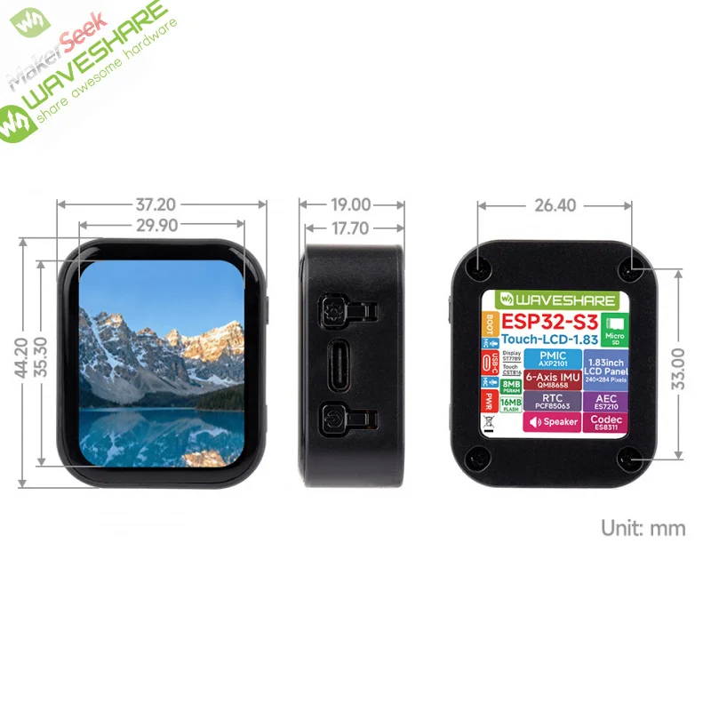 

SKU-32790 Waveshare ESP32-S3 1.83inch Touch Display Development Board, 240 × 284, Onboard Audio Codec Chip, Built-in Microphones