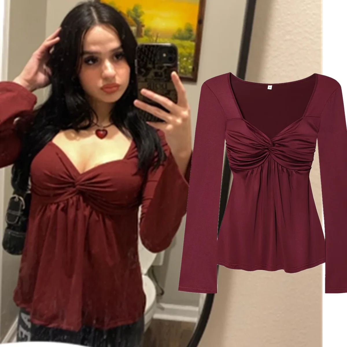 

Jenny&Dave French Retro Square Collar Bow Long Sleeved Shirt Top Minimalist Burgundy Shirt Blouses Women's Clothes Shirts Tops