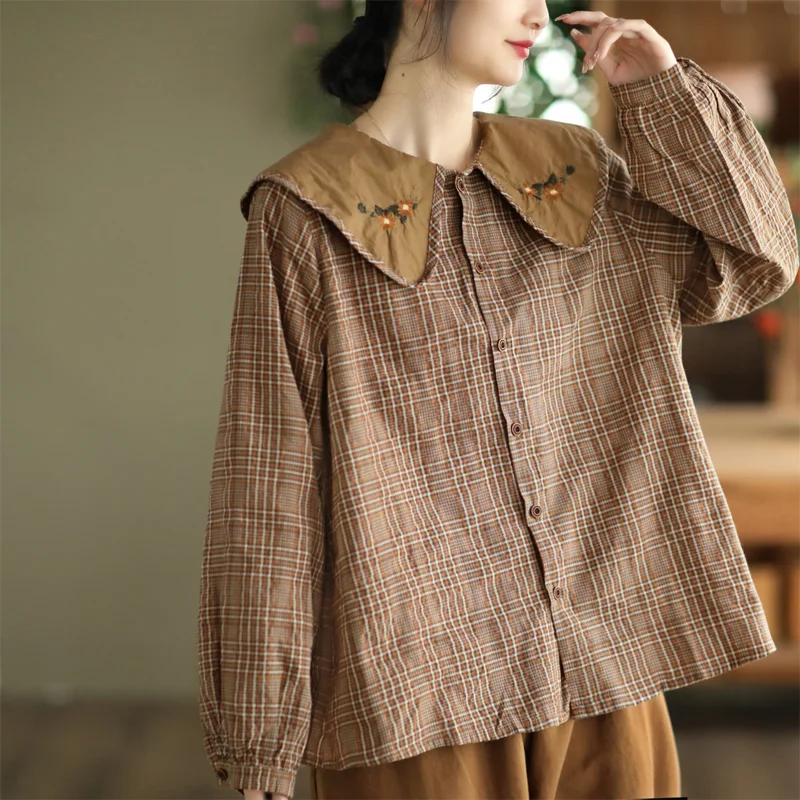 자수 체크 피터팬 칼라 셔츠 봄 가을 캐주얼 긴팔 면 블라우스 여성 루즈 싱글 브레스티드 탑