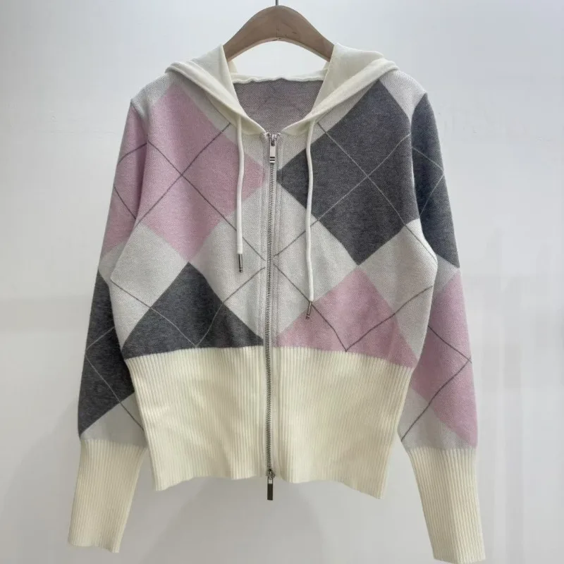 

College Style Contrasting Color Diamond Grid Zipper Cardigan Women Autumn New Long Sleeved Hooded Versatile Knitted Coat