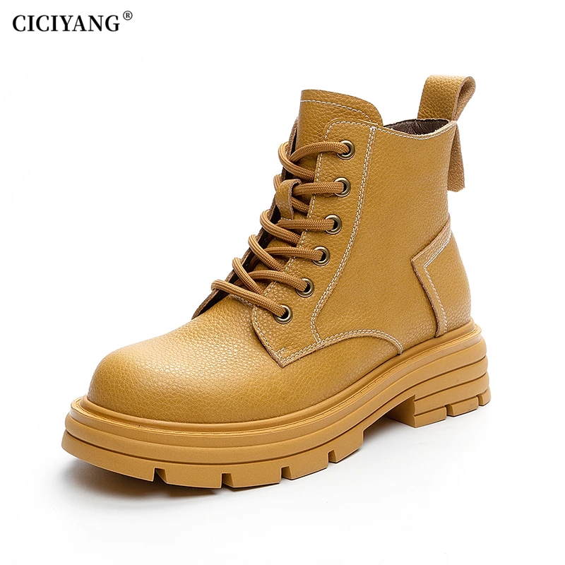 

CICIYANG Genuine Leather Thick Sole Marton Boots Women 2024 Autumn New Rhubarb Boot Super Hot All-match Casual Short Boots Trend